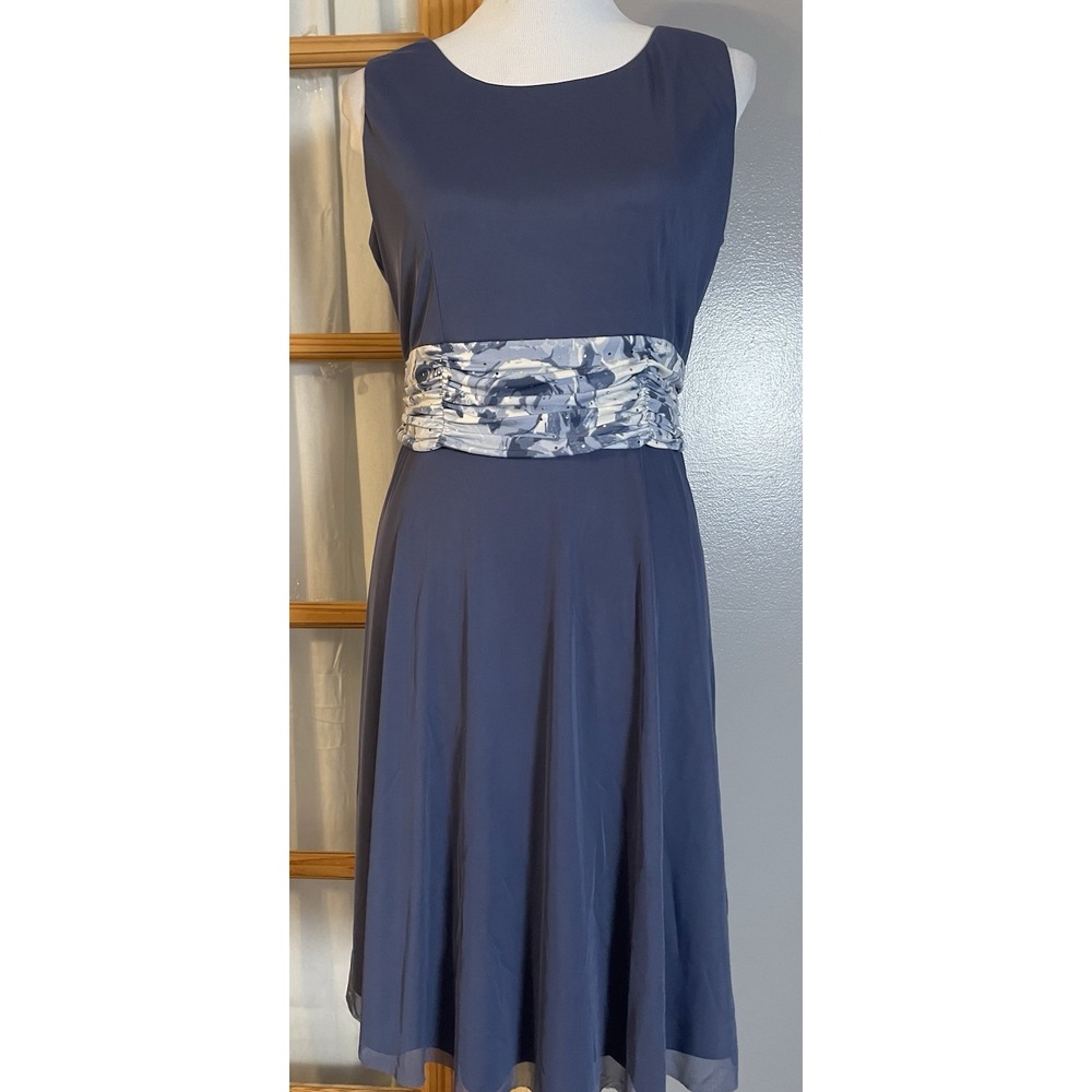 90s Drapers & Damons A-Line Dress 12P Fine Mesh Fabric Floral Ruched Waist Blue